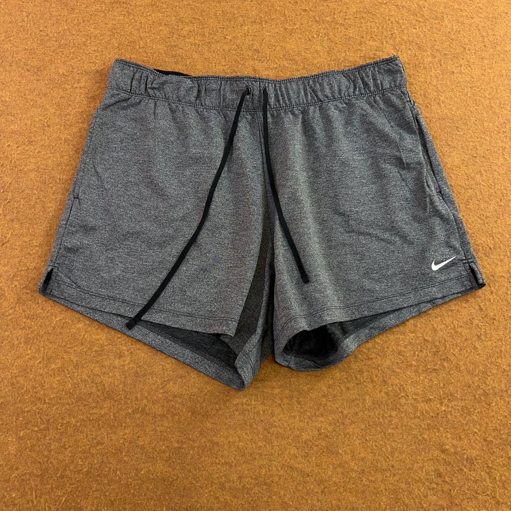 Nike Women's Dark Gray Athletic Shorts with Black Drawstring and White Swoosh